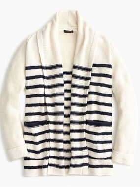 J.Crew Cream/Navy long Striped Chunky Knit Open Cardigan w/ front pockets sz XS